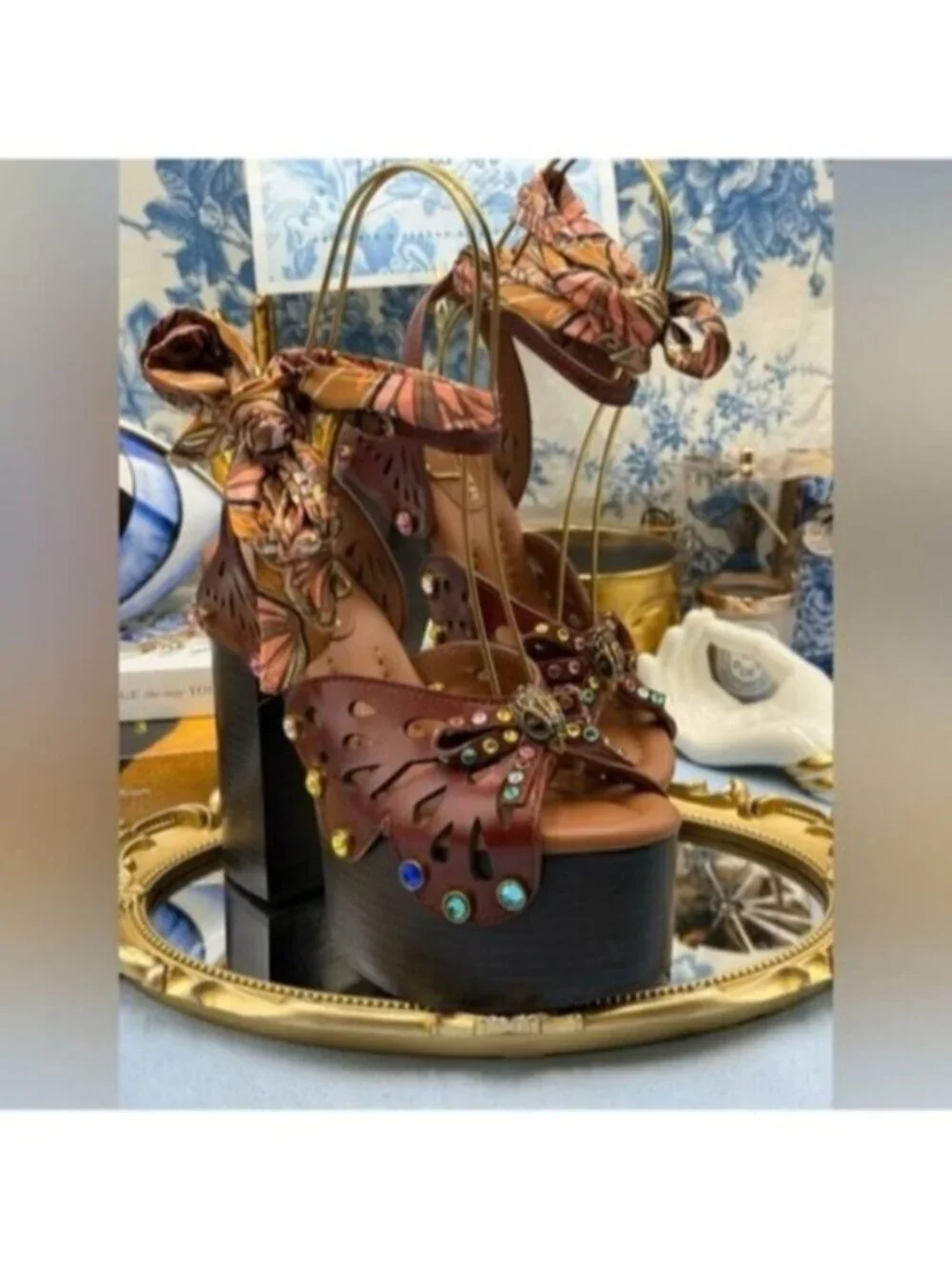 🆕 KURT GEIGER LONDON 🧿 NWOB Butterfly Platform Ankle Strap Sandal, Sz 37 US 7